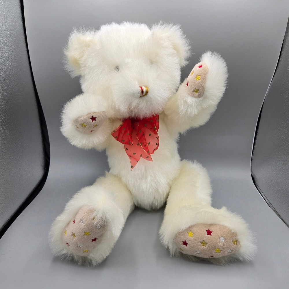 Goffa International White Plush Teddy Bear Red Bow Star Embroidered Paws PA5022
